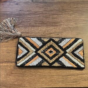 Mud Pie Geometric Beaded Clutch - Black, Gold, Silver, Tan